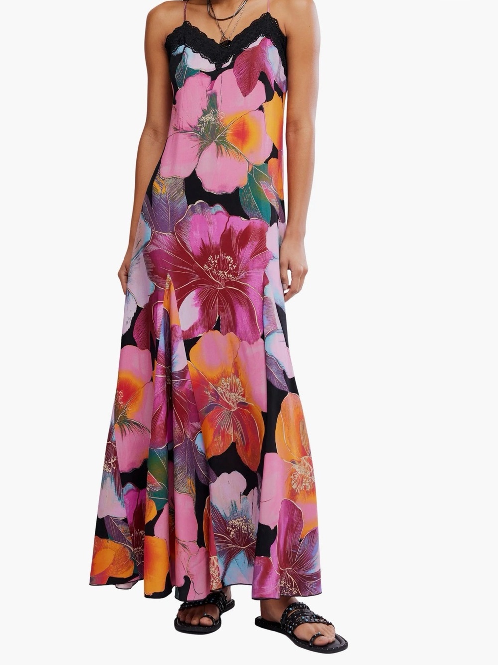 Free People Pink Multi Floral Slip Maxi Dress with Lace Trim